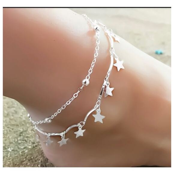 SILVER STARS DANGLE CHARM ADJUSTABLE ANKLET - Picture 3 of 4